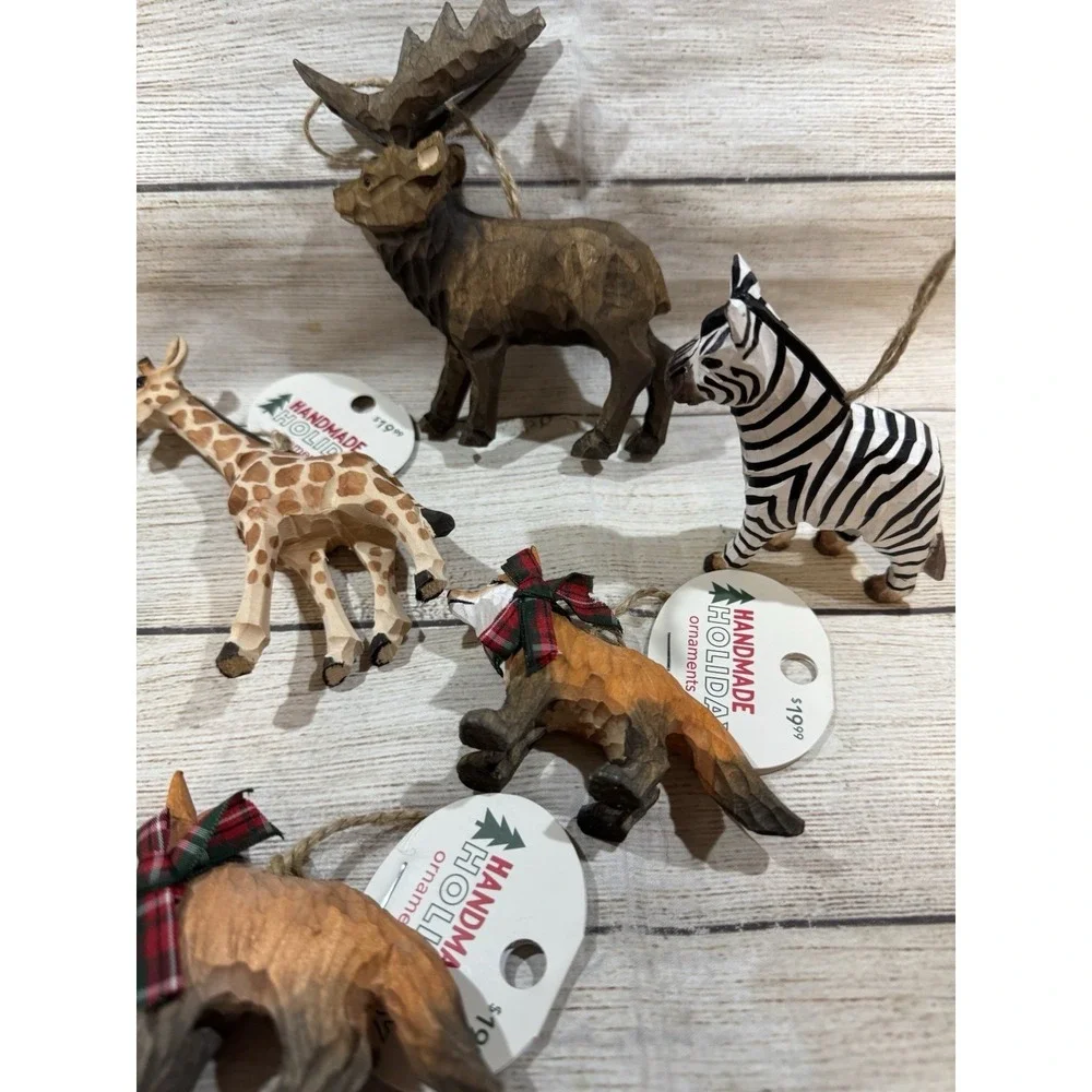 Lot of Handmade Holiday Wood Carved Animal Ornaments Moose Fox Zebra Giraffe T18